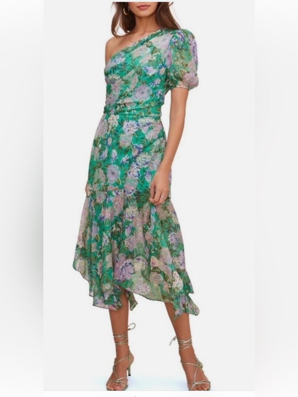 Astr Santorini One-Shoulder Floral Green Maxi Dress